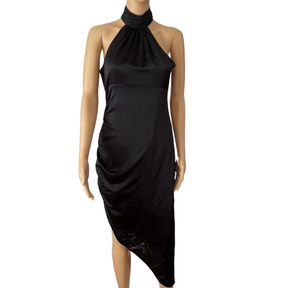 NWD Cinq A Sept Naya Black Silk Ruched Asymmetric Silk High Neck Dress Sz 2 - Picture 3 of 12